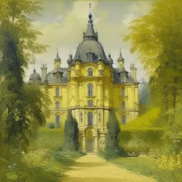 A light yellow heavenly chateau with halos painted by Claude Monet