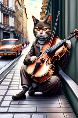 One single mature cat playing violin on the street, Vienna, nice, model style, hyper realistic, extremely accurate, delicate, extremely detailed, Graphic novel style, wide-angle, open aperture, superfine pencil