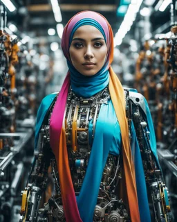 potrait cinematography colors a beautiful face woman hijab humanoid hijab robot mechanical walking in between two rows of complex machinery with vibrant colors