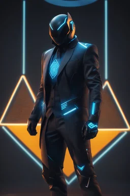 cyberpunk, neon blue, triangle of light floating behind the back, cyber suit, geometric patterns on a suit, male