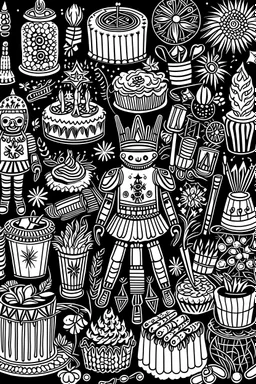 outline art for a birthday celebration with gingerbread and nutcracker theme on black and white.