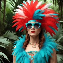 3D anaglyph red-cyan glasses required to watch Jane Manson dressed in coloured feathers in the jungle