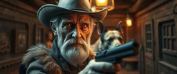 gritty air brush 3d with pen outline,seasoned handsome gunslinger western fluffy elder woman edgy hero with slightly glowing eyes and nudged dented skin in front of glistening space tardigrade dog, shallow depth of field, warm lantern, pin hole cam in darkened doll house space ship hall, bottom floor board edge border