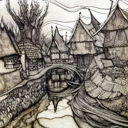 in the style of Arthur Rackham and Van Gogh, zentangle country side village, fantastical surrealistic, elegant, beautiful high definition fine 3D line art, watercolor ink and pen, extremely detailed, intricate, elaborate, HDR, beautiful, award winning, fantastic view, muted colours, fantasy, crisp quality