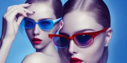 Scarlett Leithold intense red lips with green glasses backlit blue