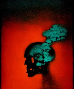 broken skull. black background. smoke and explode. particles in air. teal and orange. abstract. beksinski.