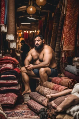 close up photography of a burly beefy strong 35-year-old arab in Istanbul bazaar, shirtless, selling carpets sitting on a pile of carpets, biig shoulders, manly chest, very hairy, side light, view from the ground