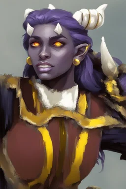 Purple-skinned female tiefling in milltary attire with glowing yellow eye