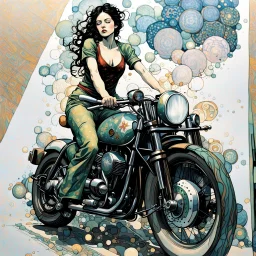 create a highly ethereal, darkly magical full body illustration of a dark haired girl on her motorcycle, with highly detailed and deeply cut facial features, in the style of GUSTAV KLIMT, EDWARD BURNE-JONES, WILLIAM MORRIS, and KATHE KOLLWITZ combined with the comic art style of BILL SIENKIEWICZ and JEAN GIRAUD MOEBIUS, searing lines and forceful strokes, precisely drawn, inked, and darkly colored