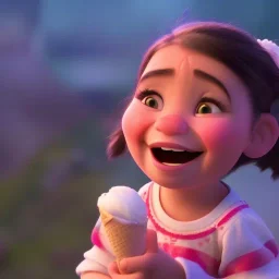 cute, adorable, smiling girl eating ice cream, candies flying all around her, Pixar, disney, cinema lighting, gaming, 8k, magic, love --q 1 --v 4