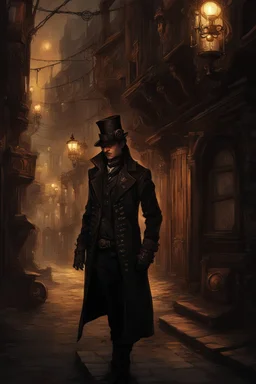 man in dark clothing, hiding around a corner., looking out on a brightly lit steampunk street