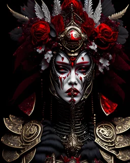 Voidcore shamanism woman portrait adorned with decadent rainy white samanism red and black gladiolus headdress wearing metallic irridescent bioluminescense red and vantablack and wite decadent filigree Golden floral embossed chestnut floral dress armour ribbed with mineral stones wearing half face metallic rococo masque organic bio spinal ribbed detail of transculent metric pearl shell colour petals glittering Extremel detailed hyperrealistic maximálist concept portrait art