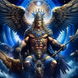 God-like man with infinite power who owns the galaxies and wears a beautiful crown, a jewel of diamonds and galaxies with weapons riding on a creature with an eagle head and eagle wings and eagle hands