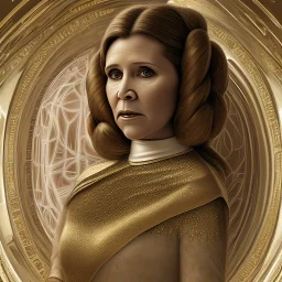 hyperspace background, complete and photo realistic detailed head to waist stunning photo realistic portrait of carrie fisher as Princess Leia in star wars with photo realistic wedding hairstyle by Mandy Jurgens and mucha and Richard Schmid and chuck close and chie yoshii, extraordinary and detailed ceremony dress of star wars,brown eyes