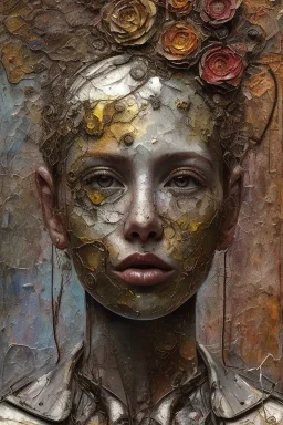 an abstract painting of rusted metal and flowers, by anselm kiefer and lucian freud, rust, scaffolding, iron cladding, decay, mixed media, textured, anatomically correct, beautiful perfect face, sharp focus, highly detailed