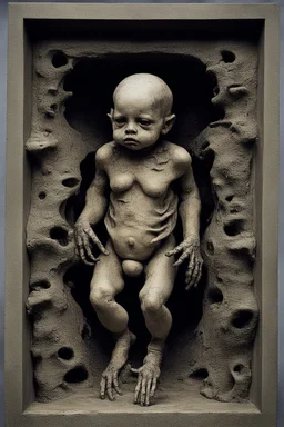 sculpture of a baby with multiple faces and limbs. decayed and rotting with grotesque proportions and imagery. abstract grotesqueries, detailed texture, surreal horror, biomechanical design, by hr giger and beksinski