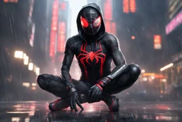 Miles morales in 8k nier automata drawing style, venom them, cinematic mood, neon effect, close picture, rain, highly detailed, high details, detailed portrait, masterpiece,ultra detailed, ultra quality
