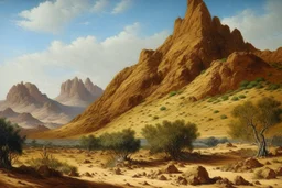 A brown mountain with sandy rocks painted by Henri Robert-Bresil