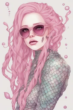 psionic mermaid some fish scales on face pink hair dreadlock sunglasses gem in front