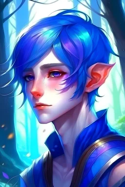 blue violet hair, elf, anime, short hair, fantasy world, soft, male, grown up