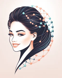 a woman smiling face, close eyes, pastel peach colors, DNA molecule hair thread imitation,