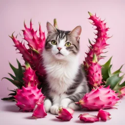 A cat surrounded by dragon fruits on a light background for removal