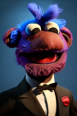 Waist up muppet Portrait, Nicolas maduro as muppet doll, black suit, photo studio, blue background, unreal engine 5, concept art, art station, god lights, ray tracing, RTX, lumen lighting, ultra detail, volumetric lighting, 3d.