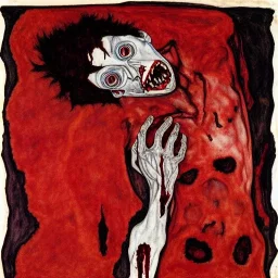 Horror Disfigured bald Vampire covered in blood,blood big canine teeth with blood,full body, hands with long nails by egon Schiele,