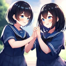 Clear focus,High resolution, Black short fluffy hair, and blue eyes, wearing a sailor uniform, must wear a short skirt, Blushing, Holding another girls hand, smiling, other girl nervous