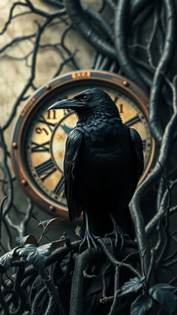 An old clock in the background of black vein, human veins, mixing together a lot of them, like a forest, big and small veins a lot of them, a crow standing an old army helmet
