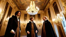 A grand baroque interior featuring intricate gold leaf decorations on the ceiling and walls, with large, ornate chandeliers hanging down. The scene includes a group of three European men in 17th-century attire, one with curly dark hair and a powdered wig, one with short brown hair and a long coat, and a third with blonde hair and a lavish cape, all discussing art in front of a large canvas.