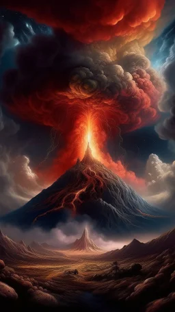 Back in time through a Time volcano, Machine in the parallel universe among the galaxies and the stars a big clouds of gas covering the sky from a distance Busch painting style nightmare