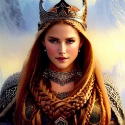 Drawing of beautiful face viking queen,braids,extra busty,snow,castle,mountains,ancient leather armor, balanciaga fashion clothe painting by gaston bussiere, greg rutkowski, yoji shinkawa, yoshitaka amano, tsutomu nihei, donato giancola, tim hildebrandt, oil on canvas, cinematic composition, extreme detail,fit full head inside picture,16k