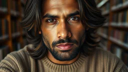 closeup An east Indian American man in sweater with medium length hair, in library, 8k, high quality, trending art, trending on artstation, sharp focus, studio photo, intricate details, highly detailed, by greg rutkowski