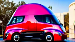 A Tesla semi-truck is parked, within the 'Universal Studios Orlando', in Florida. CINEMATIC. WIDE ANGLE LENS.