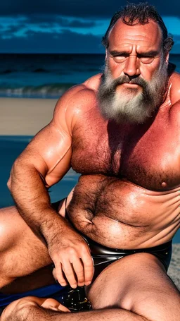 full figure shot photography of a ugly burly beefy serious sweat marocan baywatcher on the beach, at midnight, 55 year old man, relaxing , shirtless, manly chest, beard, curly hair , laying down on the sand, lit by bonfire, swimwear, bulge, bullneck, manly tights, sharp focus, studio photo, emotive eyes, intricate details, highly detailed, photorealistic, side top view