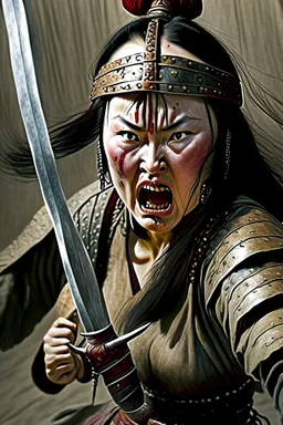 style comdey character : A woman, believing herself a fearsome warrior, dramatically confronts the She holds her sword upside down A Mongol casually pushes her over and steals her dictionary, Woman stands defiantly, sword held backwards, Ertugrul music blasting in the background. Mongols look confused Close-up of the woman naked confident face shouting her challenge. Mongol soldier pushes her with a bored It was a beautiful woman for the soldiers. All the soldiers Crowded marry naked her.
