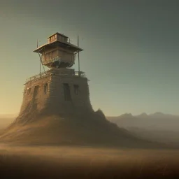 franz frazetta style, watchtower on hill, amon hen, plains in the distance, sunset