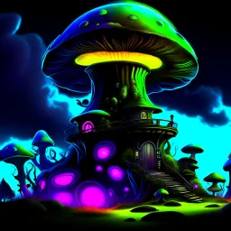 A fantabulous black, lime, and cyan (((mushroom tower house))) erected atop a (geologic pillar), surrounded by the uncanny imaginative ((( swirling skies))), offset by the stark hues of a (neon-tinged nebulous space scape), within. captured by the hand a skilled master painter with a focus on (softly blurred compositions and voluminous lighting).