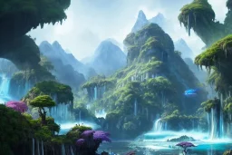 Art by Dylan cole and Eddie mendoza and darek zabrocki, Avatar concept art, pandora, hovering island with waterfall, magnificent landscape, ultra-wide angle, ultra realistic, digital painting, 8 k uhd, dynamic lighting, beautiful, sharp focus, ultra detailed, concept art