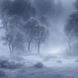 winter landscape, ice field, crystals, dreamlike, foggy