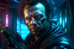russian poet Alexander Pushkin with big sideburns Ultra realistic photo of a sci-fi cyberpunk, looking into the camera, close-up of with shotgun, hyperrealistic 16k, 3d rendering, expressively detailed, dynamic light, Cyberpunk, steampunk, neon lighting. The concept of virtual reality and cyberpunk. , futuristic style, HOF, captured with professional DSLR camera,64k, ultra detailed