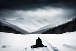 in the distance side a wiev a figure in dark clothes and long black leather coat lies on his back in the snow and looks the sky in a winter landscape, alone, white snow, high contrast, cold, winter, mountains, white, blue, gray and black colors, cinematic, atmospheric, dark, gloomy, best shot