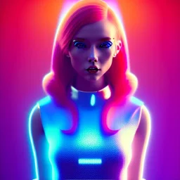 redhead woman teenager, freckles, padded coat, retro futuristic, latex dress, gradient color, BLUE, PINK, CYAN, neon, insanely detailed, 16k resolution, perfect eyes, cinematic smooth, intricate detail