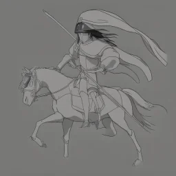 pencil single line sketch from side, little knight on the horse in armor with forward pointed lancet charging