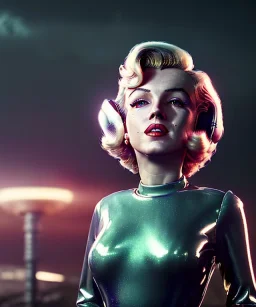 Ultra Realistic retro sci-fi 1960 scene, waist up view portrait, blonde woman, sweet young Marilyn Monroe face, perfect iris, tight latex coat, Strange planet background, Retro sci-fi style latex helmet, fog, rain, soft color, highly detailed, unreal engine 5, ray tracing, RTX, lumen lighting, ultra detail, volumetric lighting, 3d, finely drawn, high definition, high resolution.