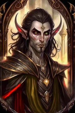 Sits on the throne, full length, mantle, black cloth, dark green eyes, holding a long spear with his left hand, human skin,