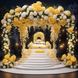 Hyper Realistic Beautiful Traditional Wedding Stage decorated with Yellow & White roses at Night