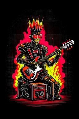 A robot terminator with a red punk crest playing bass, black background, flames all around him.