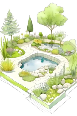 realistic garden plan with pond